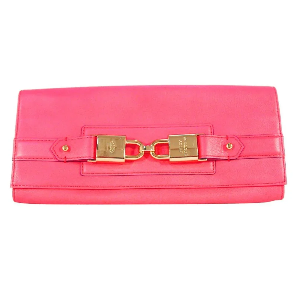 JUICY COUTURE Gold Lock Pink Leather Envelope Clutch Bag $198 - Picture 1 of 12